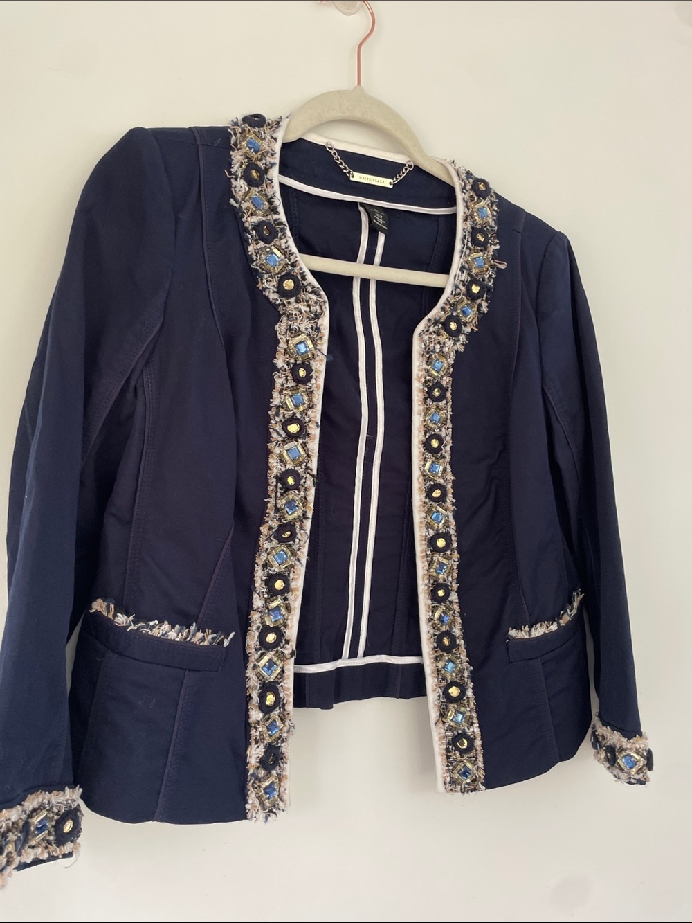 White House Black Market Womens Navy Embellished Open-Front Jacket 10 - Picture 6 of 6